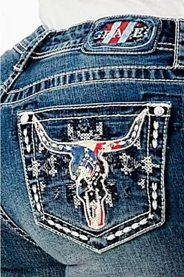 Grace In LA Women's Western USA Americano Steerhead Embroidered Bootcut Jeans • $66