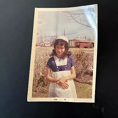 Vintage Snapshot Photo Young Girl In Purple White Easter Dress Pillbox Hat 1966 • $3.99