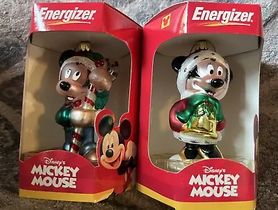 Vtg 2000 Disney Energizer Mickey & Minnie Mouse Blown Glass Christmas Ornaments • $10