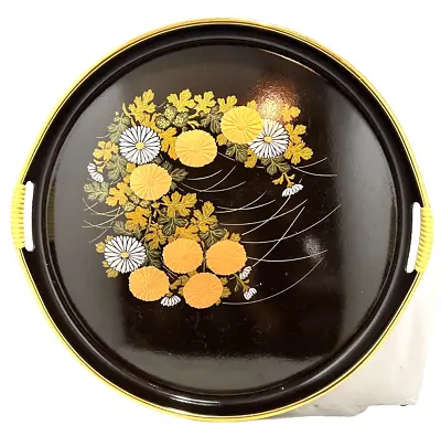 Vintage 1970's Round 15  Black Lacquerware Tray With Handles Japan #3061 • $23.95