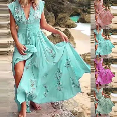 Women Boho Flying Sleeve V Neck Maxi Dress Ladies Pleat Holiday Ruffled Sundress • $21.19