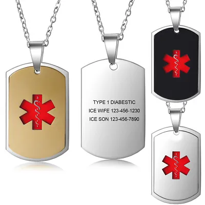 Personalized Medical Alert ID Dog Tags Necklace Emergency Pendant ICE Contact • £9.59