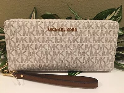 Michael Kors Jet Set Large Travel Continental Wallet Vanilla Mk Signature Clutch • $78.99