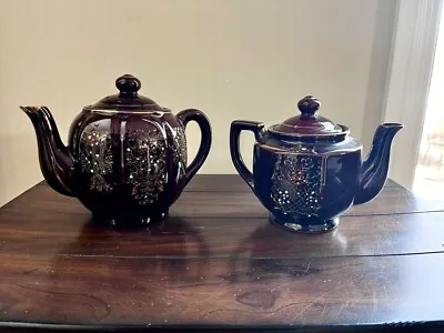 $24.99 • Buy Vintage Brown Betty Redware Moriage Enamel Hand Painted Teapots (2)