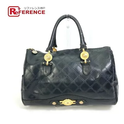 Vintage Versace Sunburst Mini Duffle Bag Handbag Leather Black/Gold Japan • $187