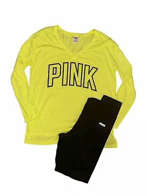 VS PINK Outfit Victoria’s Secret Small Tee Leggings Black Neon Yellow Logo • $29.99