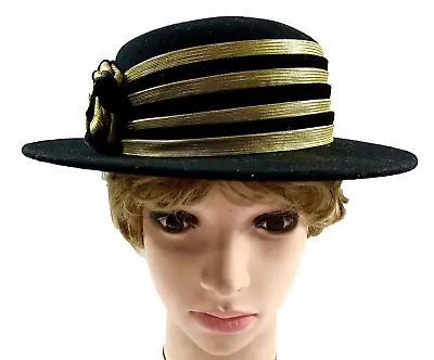 1980s Ellie Womens Gambler Hat Black Wool Gold Braid Fashion Accessory Vtg 14664 • $60