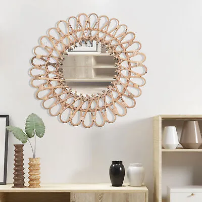 Vintage Handwoven Round Natural Rattan Wall Hanging Mirror For Home Decor • $26.60