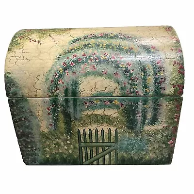 Vintage Painted Wooden Hinged Box Yellow Floral Garden Scene Crackled 6.5x5x5.5 • $12