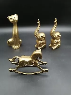 Lot Of  Brass Figurines: 2 Elephants W/ Trunks Up Rocking Horse & Long Neck Cat • $20