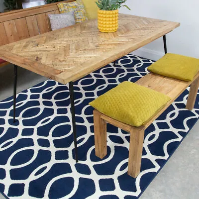 Modern Navy Blue Geometric Rug Nautical Trellis Living Room Rugs Carpet Runner • £29.95