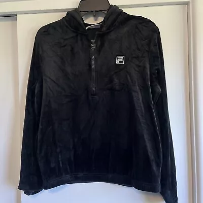 Womens FILA Velvet Velour Athletic Pullover Hoodie Jacket Small Black Pockets • $22.99