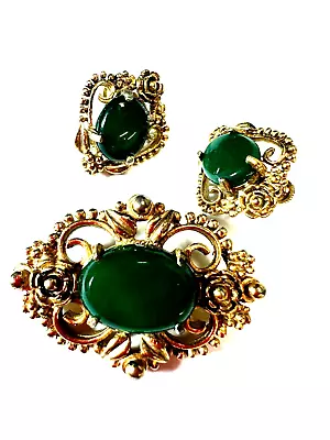 Vintage Jewelry Lot Set Glass Cabochon Brooch Clip Screw On Green  2 Pieces • $39