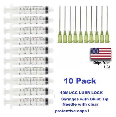 $7.19 • Buy 10 Pack 10ml Syringe + BLUNT TIP NEEDLE 14 Gauge 1-1/2  W/cover DIY Liquid Glue