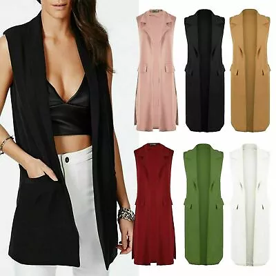 Women's Ladies Sleeveless Long Duster Coat Waistcoat Smart Formal Blazer Jacket • £12.90