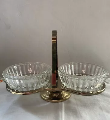 Vintage Kromex 2 Glass Dish Condiment Pedestal Caddy Server Gold Tone USA • $18