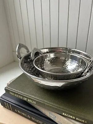 Set Of 2 Vintage Hammered Aluminum Pedestal Bowl With Ornate Handles • $18