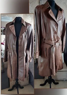 Womens Marks And Spencer Soft Real Leather Brown  Trench Coat Jacket Mac Plus 22 • $208.44