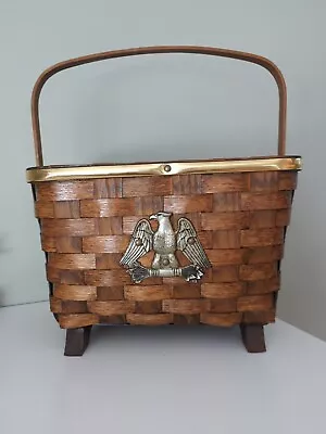 Vintage Putney Oak Strip Magazine Basket With Handle & Brass Eagle Emblem USA • $34.95