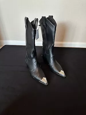 Zara Black Half Leg Cowboy Boots With Metal Toecap Size Usa 7 / 38 • $89.99