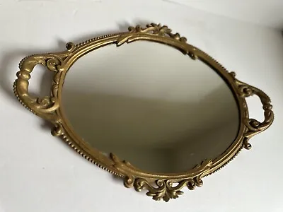 Vintage Gold Mirror Tray Ornate Cast Iron Footed • $59.99