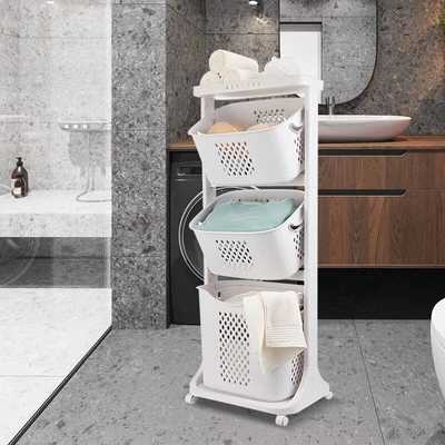 $75.01 • Buy 3-Tier Laundry Basket Clothes Storage Basket Organizer Shelf Rolling Cart New 