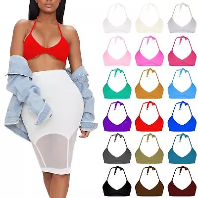 £4.99 • Buy New Womens Plain Strappy Back Tie Up Halter Neck Basic Bralet Vest Bra Crop Top