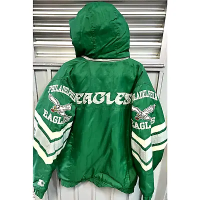 Philadelphia Eagles 90s STARTER Puffer Trench Jacket XL Kelly Green NFL Vintage • $420