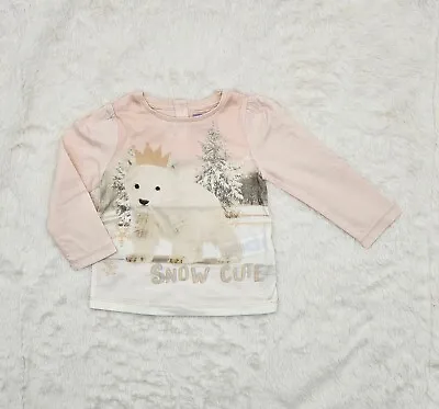 F&F Long Sleeve T-shirt Baby Girl Winter Scene Polar Bear Glitter Top 6-9 Months • £2