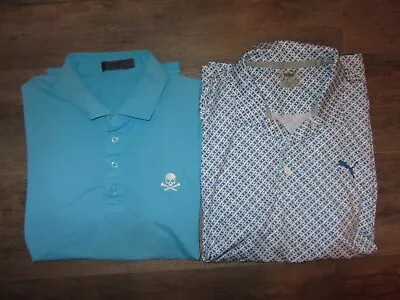 2 Lot Men's Golf Polo Shirts G/Fore & Puma M Casual Dress Lounge Blue & White • $42.50