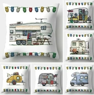 Retro Happy Campers Tent Camper Van Caravan Polyester Cushion Covers 45cm X 45cm • £4.99