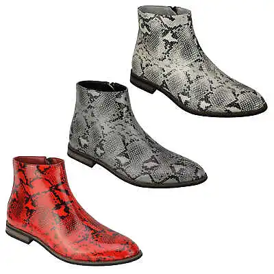 Mens Faux Leather Shiny Snake Skin Print Ankle Boots Zip On Chelsea Dealer Shoes • £39.99