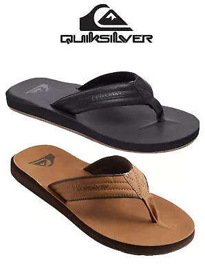 Quiksilver Mens Flip Flops Faux Nubuck Leather Black Brown Toe Post Sandals • £32.95