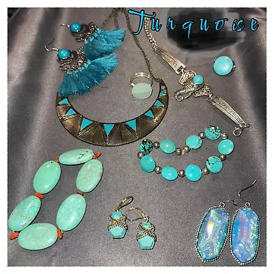 Turquoise Costume Jewelry 9 Piece Variety Lot Necklace Bracelets Rings Earrings • $30