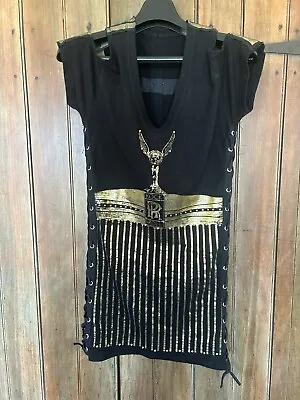 THE SAINTS SINPHONY Black & Gold Rock & Roll Studs& Ties T Shirt Dress   Sz L • $25