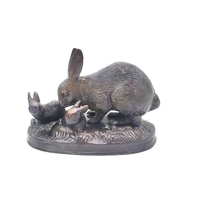 Vintage Bronze Rabbit And Babies Statue Bunny French Country Detailed Bunny Scu • $91.80