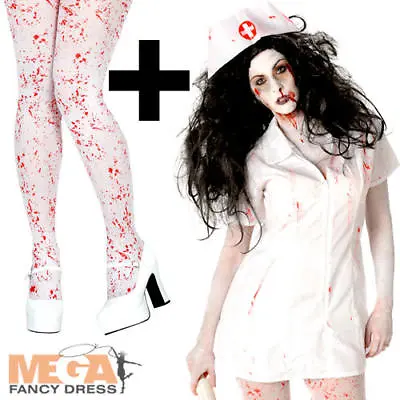 Psycho Zombie Nurse + Tights Ladies Fancy Dress Womens Adults Halloween Costume • £9.99