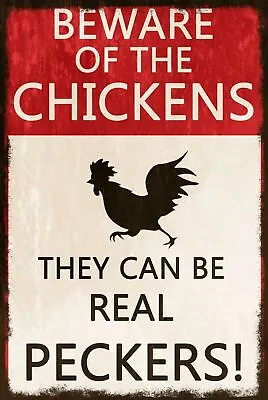 Beware Of Chickens Red Funny Vintage Look Retro Style Metal Sign Letter Box Gift • £3.49