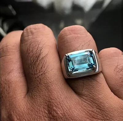 Solid 925 Sterling Silver Natural Swiss Blue Topaz Cut Gemstone Huge Men's Ring • $67.40