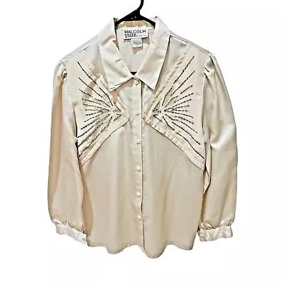 Vintage MALCOLM STARR Western Style Long Sleeve Satin Blouse Rhinestones Beading • $29.99