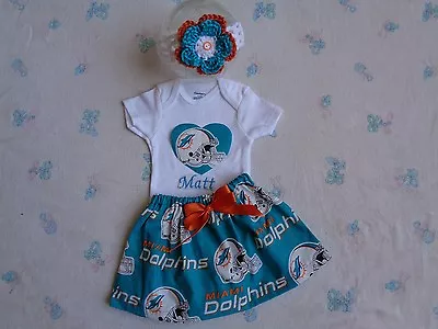 Miami Dolphins Baby Girl Skirt Personalized Bodysuit And Headband. • $35.99