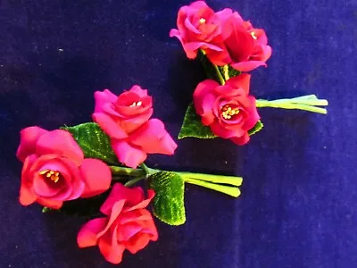 Millinery Flower 1 1/2  Crepe Fabric Roses With Velvet Leaves Rosy Pink Red Kn3 • $9.99