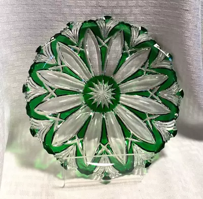 Caesar Bohemiae Lotus Bowl/plate Emerald Green Cut To Clear Crystal Bohemian • $89