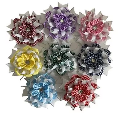 Gingham Ribbon School Hair Bow Hair Clip Diamante Center Girl Accessory 🇬🇧 • £2.35