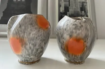 Rare PAIR Unusual Shape Vase MCM Orange Grey Vintage Spots Retro • £21.99