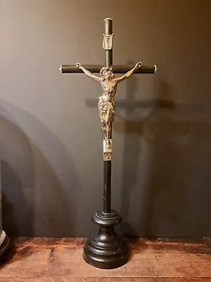Big Antique Standing Turned Wood Cross Crucifix Silver Tone Metal Jesus Corpus • $80
