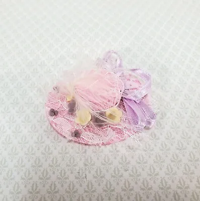 Miniature Pink Hat With Feather Lace & Flowers 1:12 Scale Dollhouse Decor • $6.75