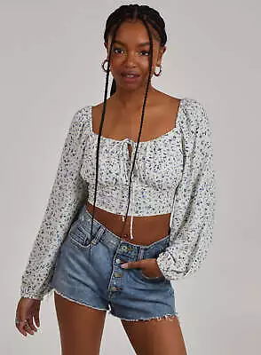 Pink Vanilla Womens Blue Floral Print Long Sleeve Peasant Top • £8