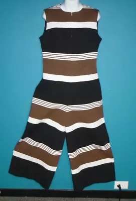 Vtg 70s Stretch Poly WIDE Leg Zip Front Jumpsuit Black Brown Stripes Sz M/L • $44