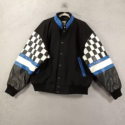 Burks Bay Jacket Large Checkered Flag Racing Leather Wool Black Blue Varsity • $88.84